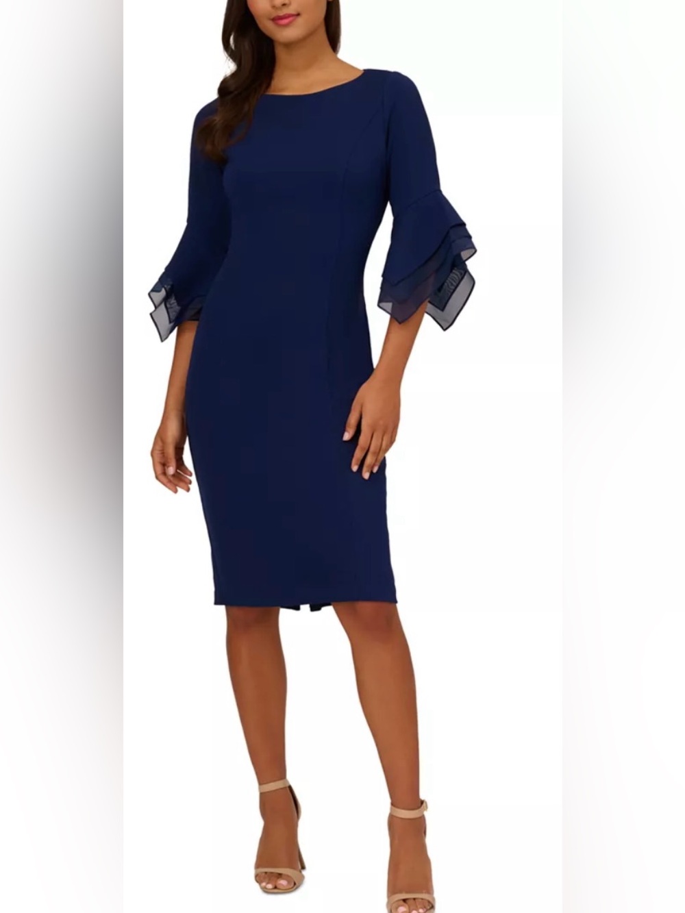 Adrianna Papell Navy Midi Sheath Dress with Tiered Bell Sleeves